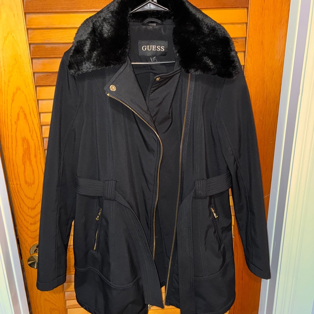 GUESS Long Black Winter Coat – Faux Fur Collar, Belted- womens size - Picture 9 of 10